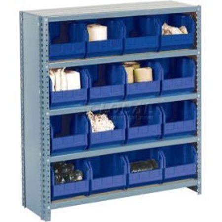 GLOBAL EQUIPMENT Steel Closed Shelving with 8 Blue Plastic Stacking Bins 5 Shelves - 36x18x39 603263BL